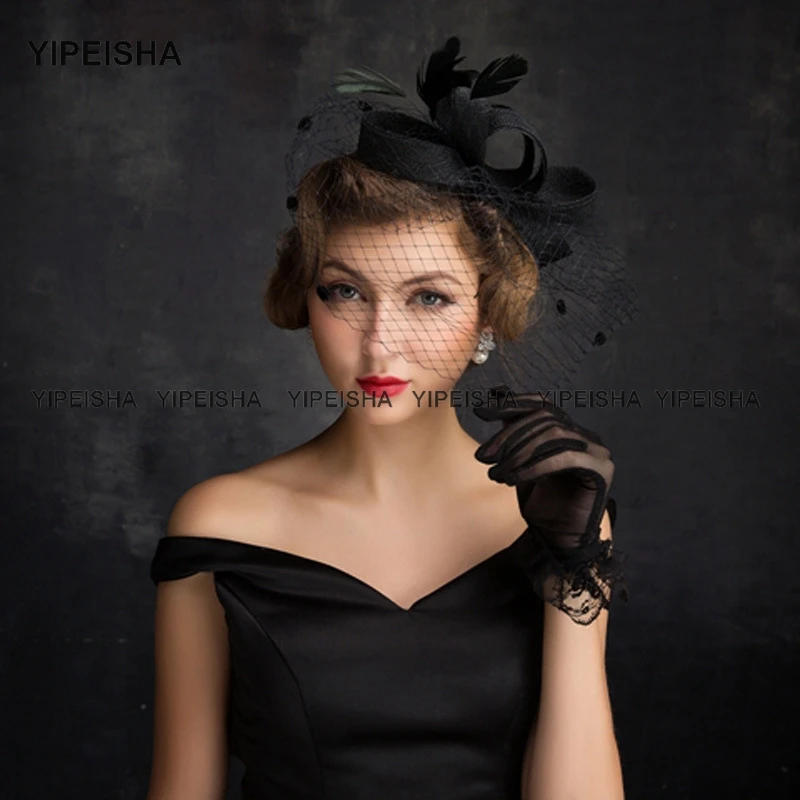 Yipeisha White Black Red Birdcage Veil Net Wedding Hats Bridal High Quality Fascinator Face Veils Flower with Headband