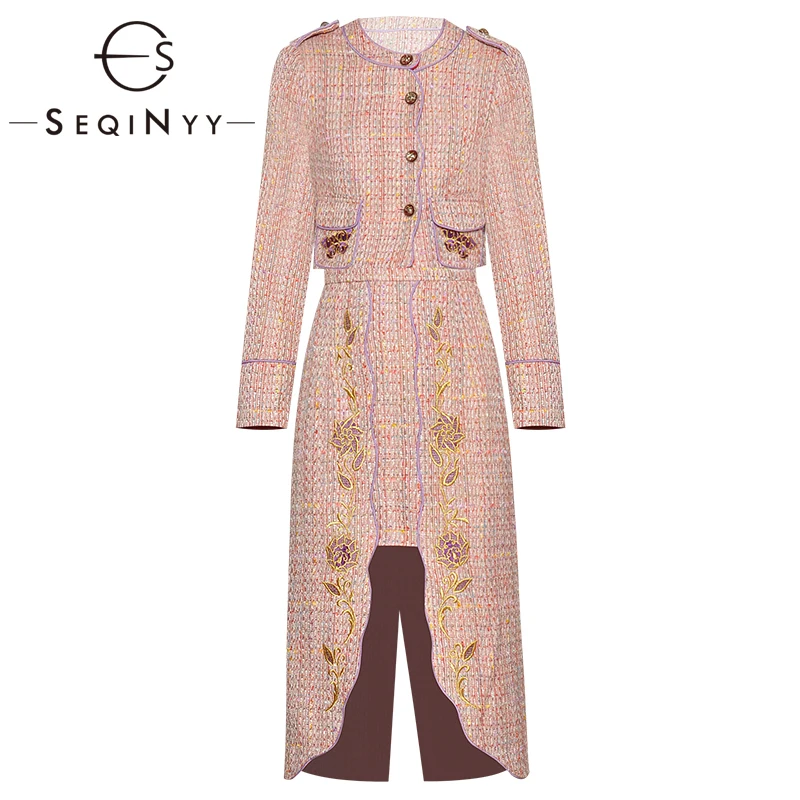 

SEQINYY Pink Set 2020 Autumn Winter New Fashion Design Women Long Sleeve Short Top + Long Skirt Flowers Embroidery Tweed Suit