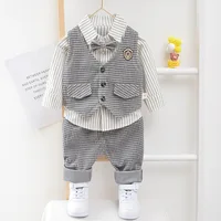 Enfants enfants Gentleman vêtements Costume anniversaire fête de mariage ensemble élégant bébé garçon tenue décontracté chemise rayée gilet pantalon Costume 2