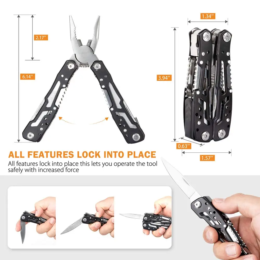 Нержавеющая сталь многофункциональные плоскогубцы карман Ножи 14-в-1 Мультитул с предохранителем и универсальным питанием-от источника переменного или блокировки для профессионального для выживания на природе, для кемпинга