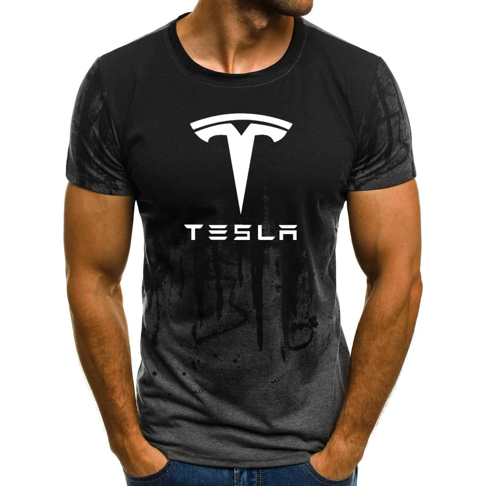 Мужская футболка с коротким рукавом и логотипом машины Tesla, летняя повседневная хлопковая Футболка с градиентом, модная мужская брендовая футболка в стиле хип-хоп Harajuku