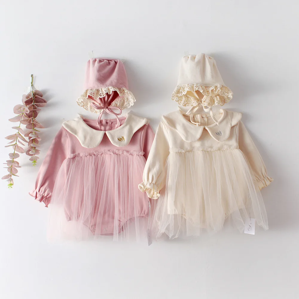 

3121 2020 Spring Baby Girl's 100 Day Birthday Skirt Romper Mesh Princess Long Sleeve Baby Embroidered Outfits Girls Dress Romper