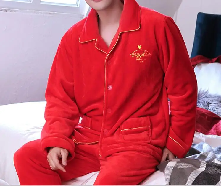 StyleI H5918 Мужская пижама набор осень зима утолщенная фланелевая с длинным рукавом с отворотом Пижама Мужская большого размера коралловый бархат Главная Одежда Костюм - Цвет: StyleI