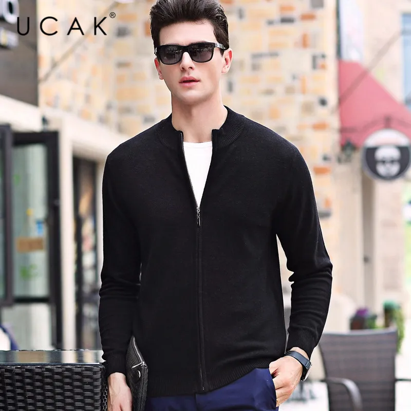 

UCAK Brand Pure Merino Wool Sweatercoat Men 2020 New Arrival Solid Zipper Fashion Style Pull Homme Spring Autumin Sweater U3172