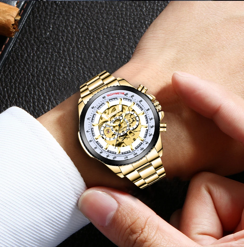 Победитель белый циферблат шестерни стимпанк Move для мужчин t мужчин автоматические наручные часы лучший бренд класса люкс золотые Нержавеющая Сталь Механические часы