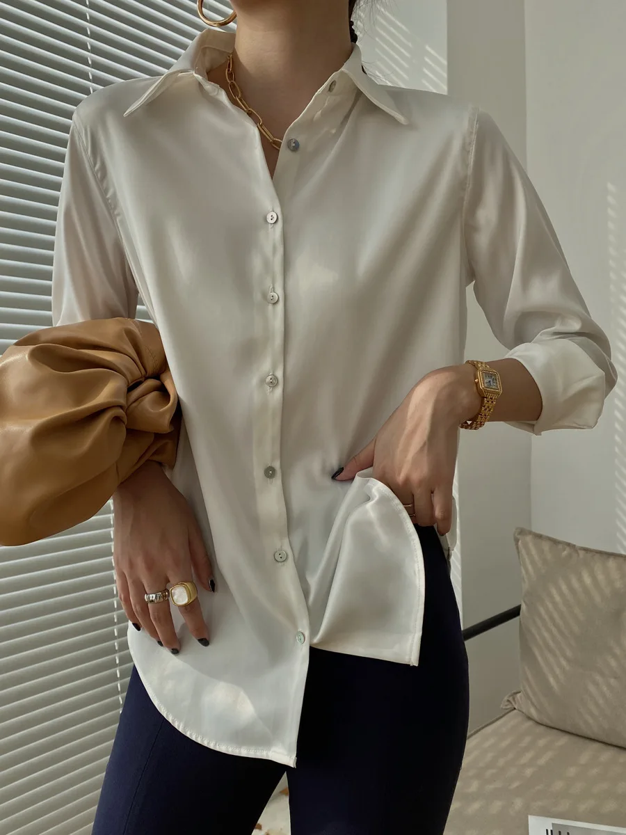 Элегантные однобортные женские рубашки весенние офисные Однотонные блузки с