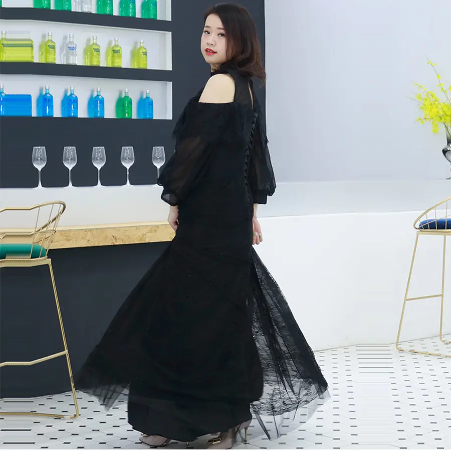 Это Yiiya торжественное платье черное в пол платье De Soiree DX034 размера плюс Кружева три четверти рукав платье женские Вечерние