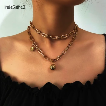 

IngeSight.Z 2Pcs/Set Multi Layered Vintage Padlock Ball Pendant Necklace Punk U Shape Choker Necklaces Collar for Women Jewelry