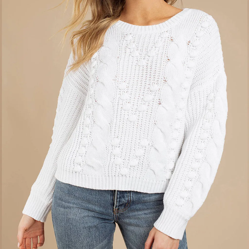 

White 2019 Women Pullover Long Sleeve Autumn Women Knitted Sweater Casual Round Neck Sweaters Female