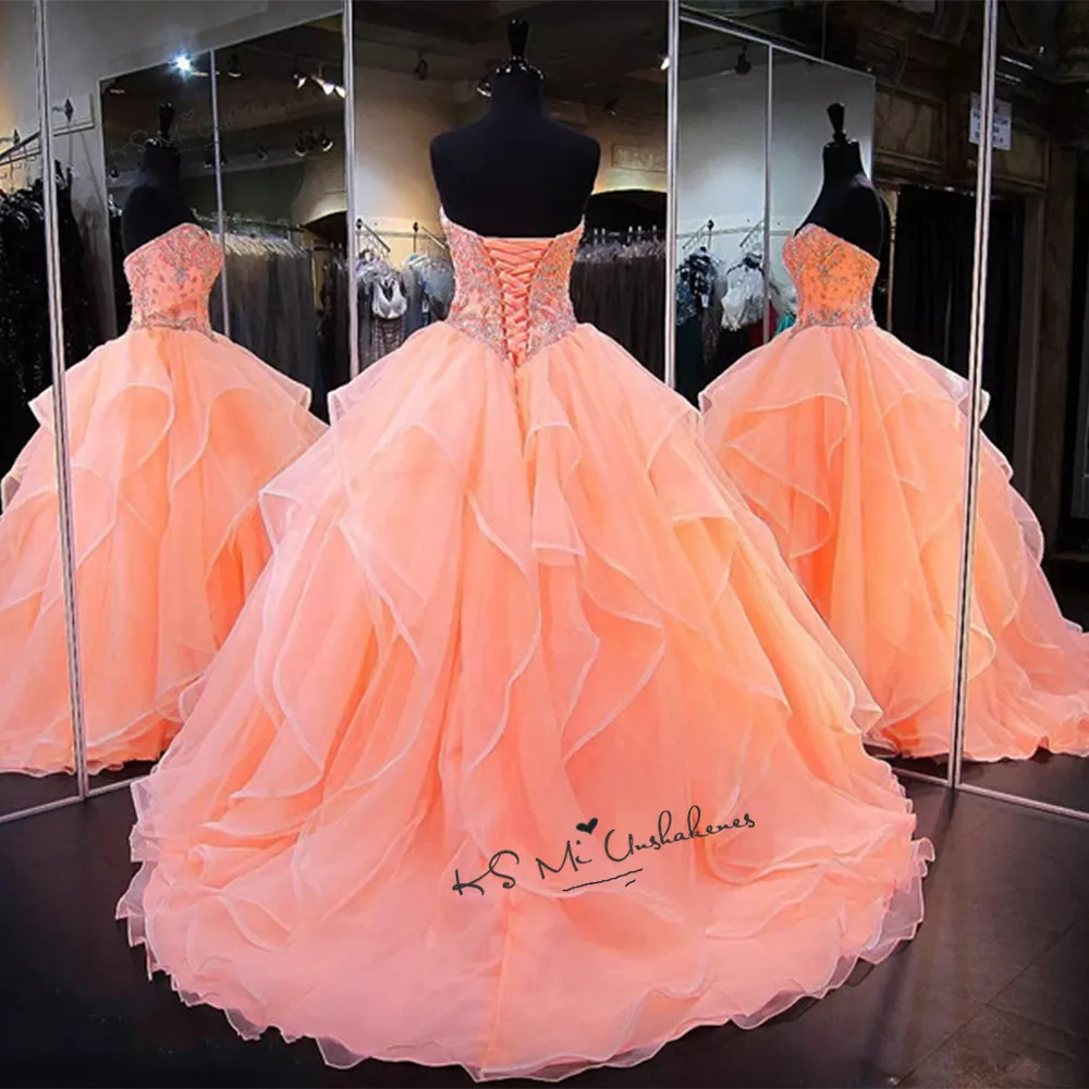 Vestidos de 15 Anos бальное платье из пышной органзы Бальные платья кристаллы дебютантное платье Коралловое Дешевое бальное платье