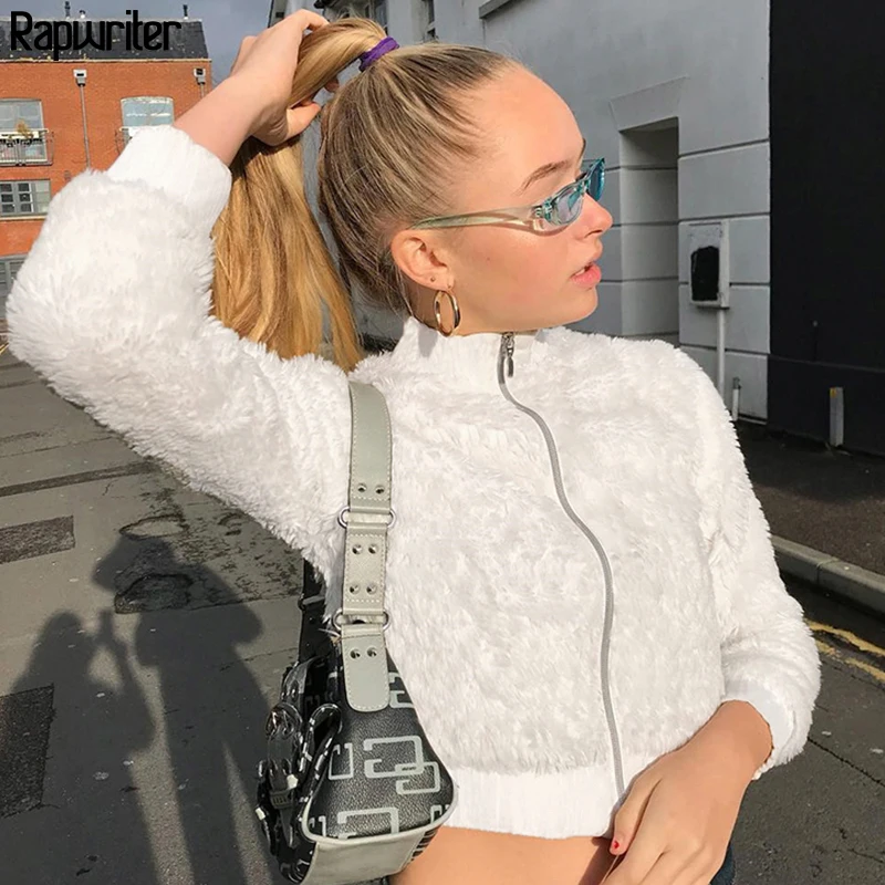 

Solid Furry Keep Warm Turtleneck Long Sleeve White Woman jacket Faux Fur Coat Winter Clothes Zip Up Crop Top Women Rapwriter
