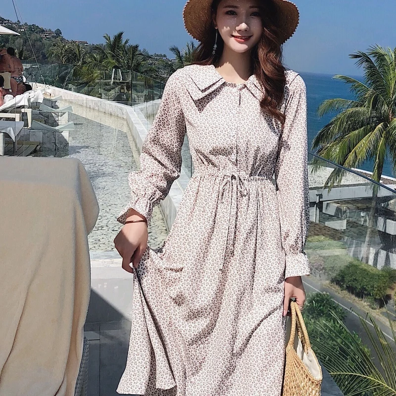 

2020 Spring And Autumn New Style Lotus Leaf Collar Floral Mid-rise Dress Fashion Casual Loose Mid-length Pink S-XL