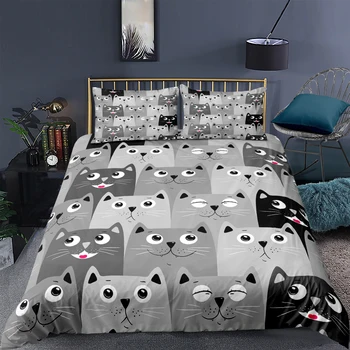 3D Cartoon Bedding Set Grey Cat Printed Duvet Cover Set Soft Quilt Cover For Kids Boy Girl Bedroom Single Twin Queen King Size 1