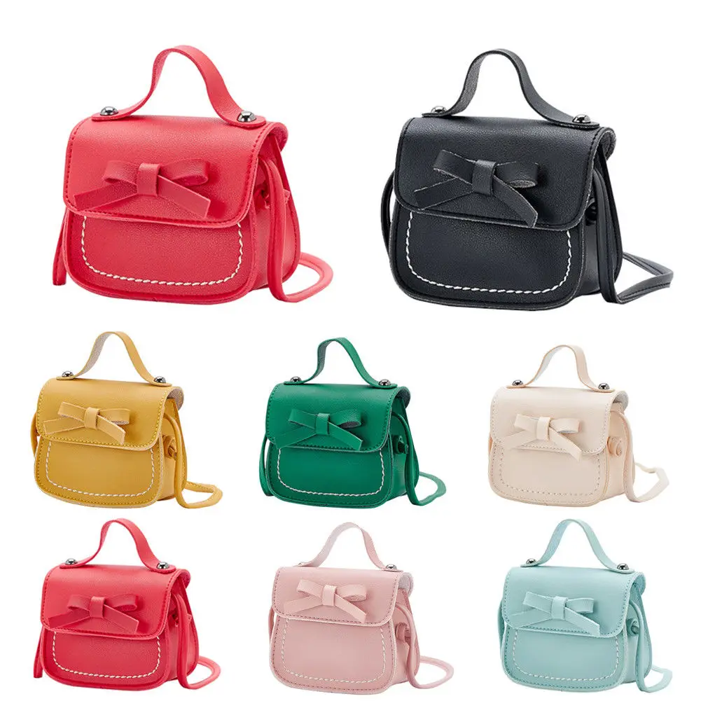 Little Girls Crossbody Bags PU Leather olid Color Bowknot Princess Shoulder Bag Handbag Coin Purses Wallet