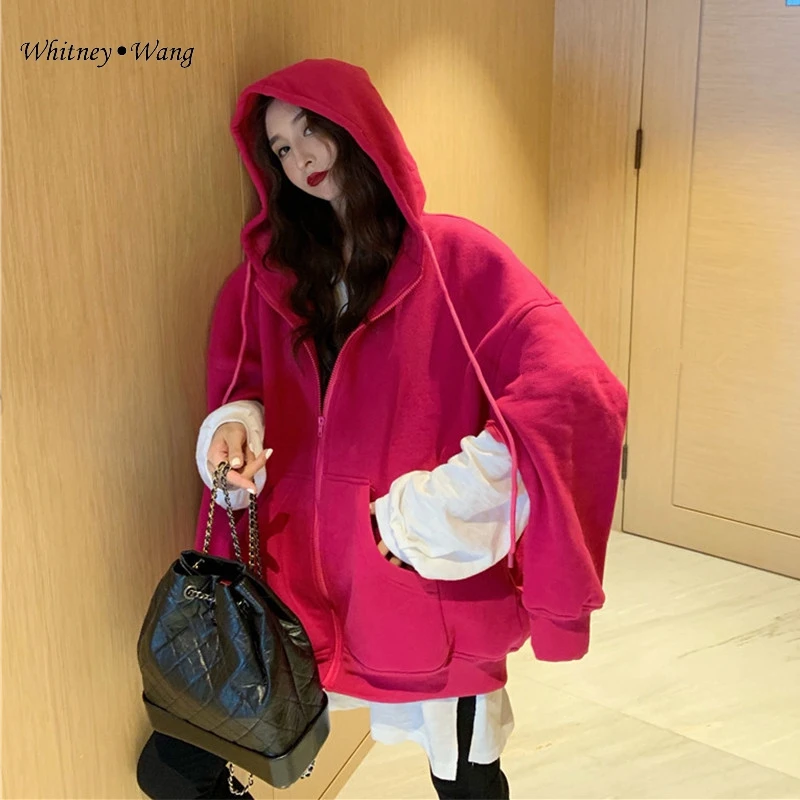 WHITNEY WANG,, Весенняя мода, уличная одежда, на молнии, выдалбливают, с капюшоном, большие размеры, толстовка, женские толстовки, пуловер