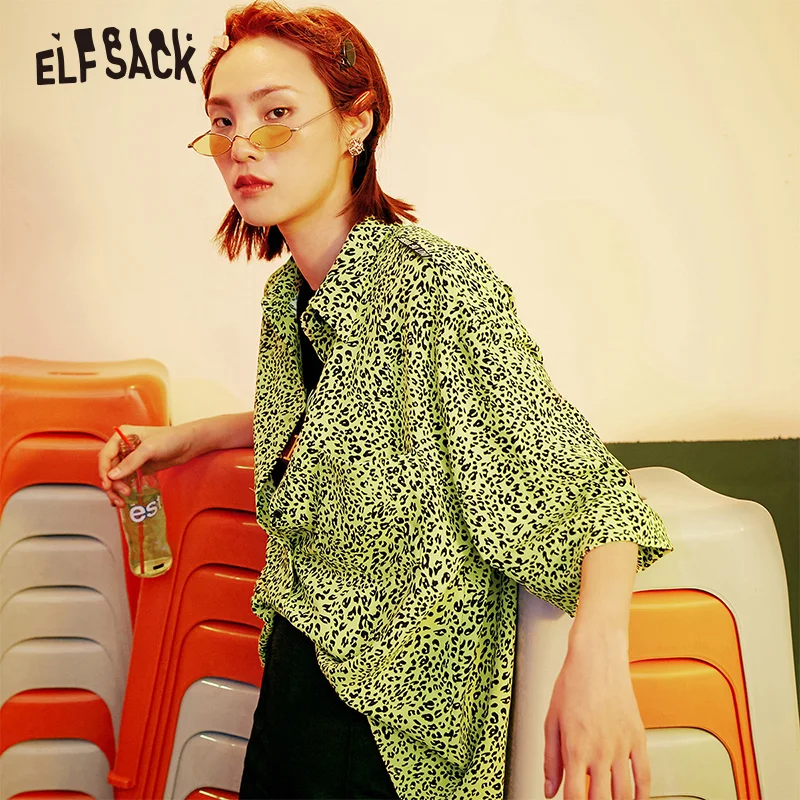ELFSACK, сексуальные леопардовые женские рубашки, осень, новые модные неоновые желтые женские блузки, уличная одежда, винтажные повседневные женские топы