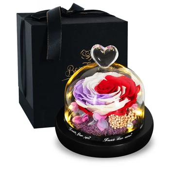 

3 Colour Beauty And The Beast Rose Eternal Flower In Glass Dome Wooden Base gift box For Valentine's Gifts LED Decor Christmas