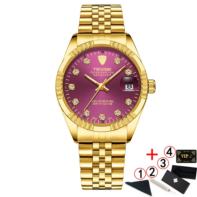 9 gold purple box Tevise автоматические механические часы, спортивные роскошные Брендовые мужские часы, деловые наручные часы, мужские часы, Relogio Masculino - Цвет: 9 gold purple box