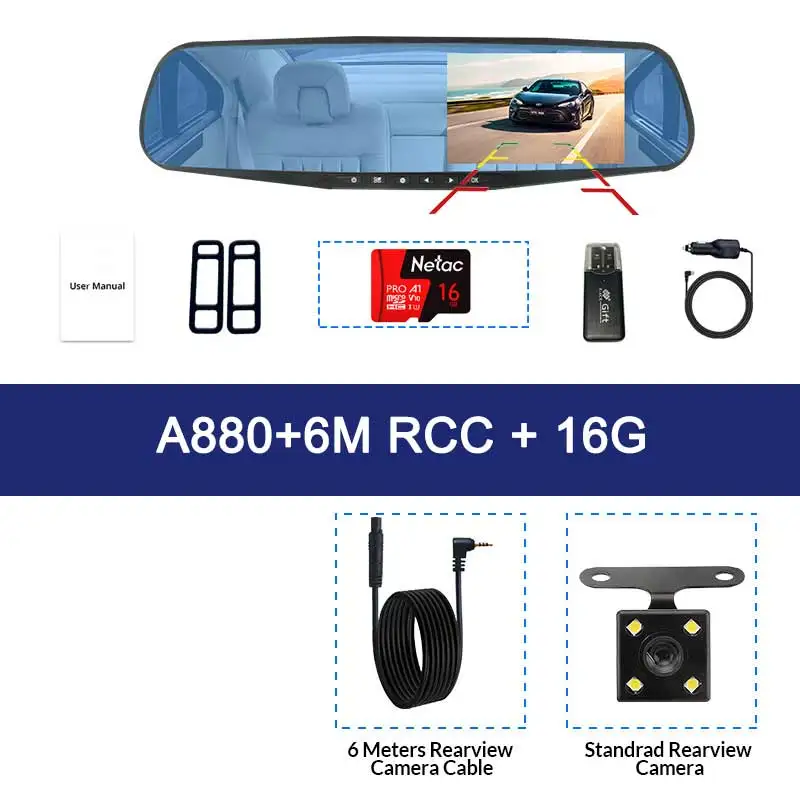 A880-6M RCC-16G Full HD 1080P Автомобильный видеорегистратор Камера авто 4,3 дюймов зеркало заднего вида цифровой видеорегистратор Двойной объектив регистратор видеокамера - Название цвета: A880-6M RCC-16G