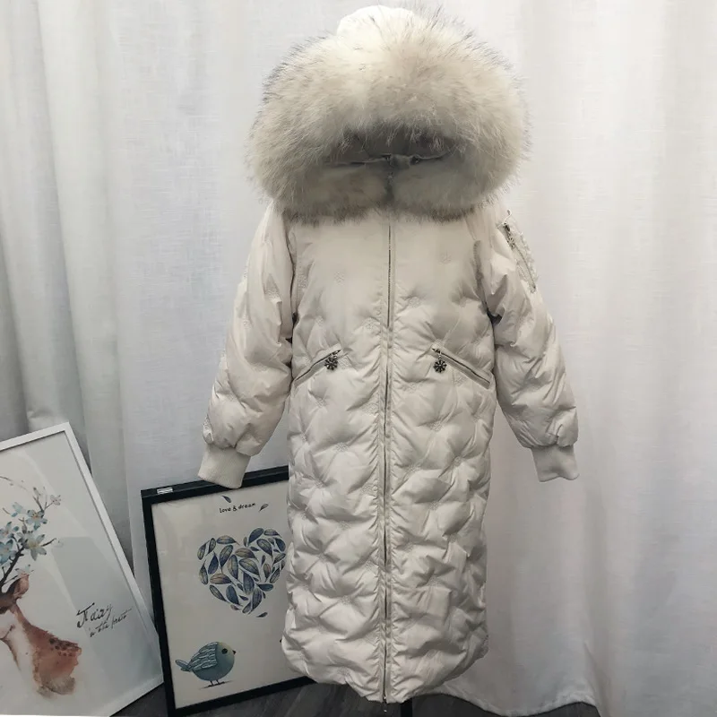 Стиль, зимний пуховик Dongdaemun в Корейском стиле, женский, средней длины, свободный, толстый, большой размер, снежинка, большой меховой воротник