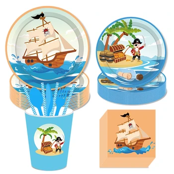 

Caribbean Pirate Theme Party Dinner Dessert Plates Disposable Tableware Sets Nautical Pirate Kid Happy Birthday Party Decoration