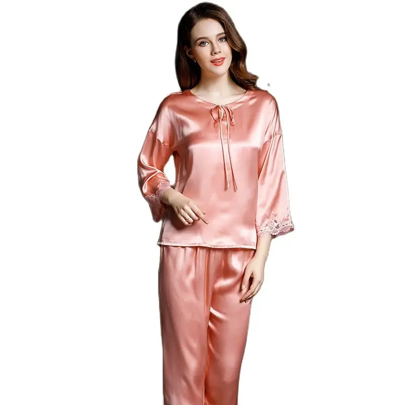 

T77150 New Fashion Women spring and autumn Home wear Women Sets 100% Silk Pajama Sets