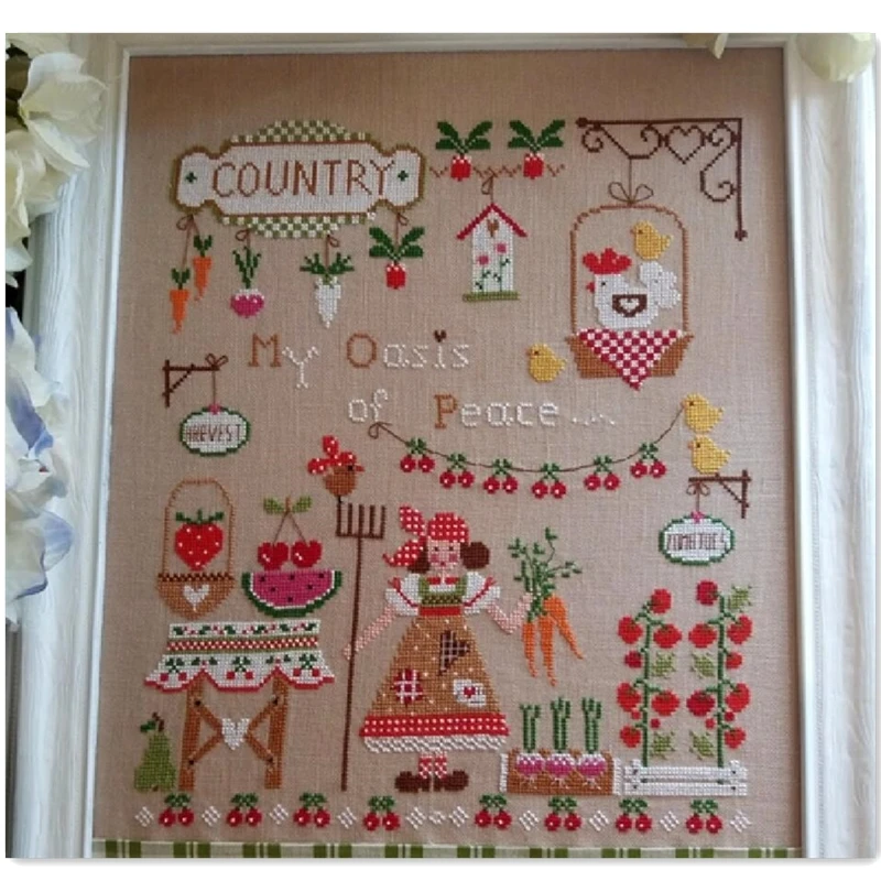 My garden cross stitch kit cartoon girl in country design 14ct 11ct linen flaxen canvas embroidery DIY needlework | Дом и сад