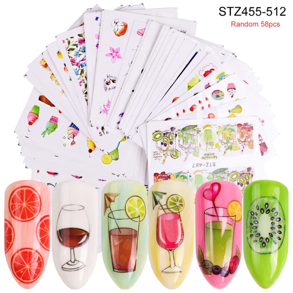 STZ455-512 58pcs 55 шт. блестящие наклейки для ногтей, переводные наклейки с цветами и водой, обертывания из фольги для красоты, аксессуары для маникюра, LABJC55-1 - Цвет: STZ455-512 58pcs