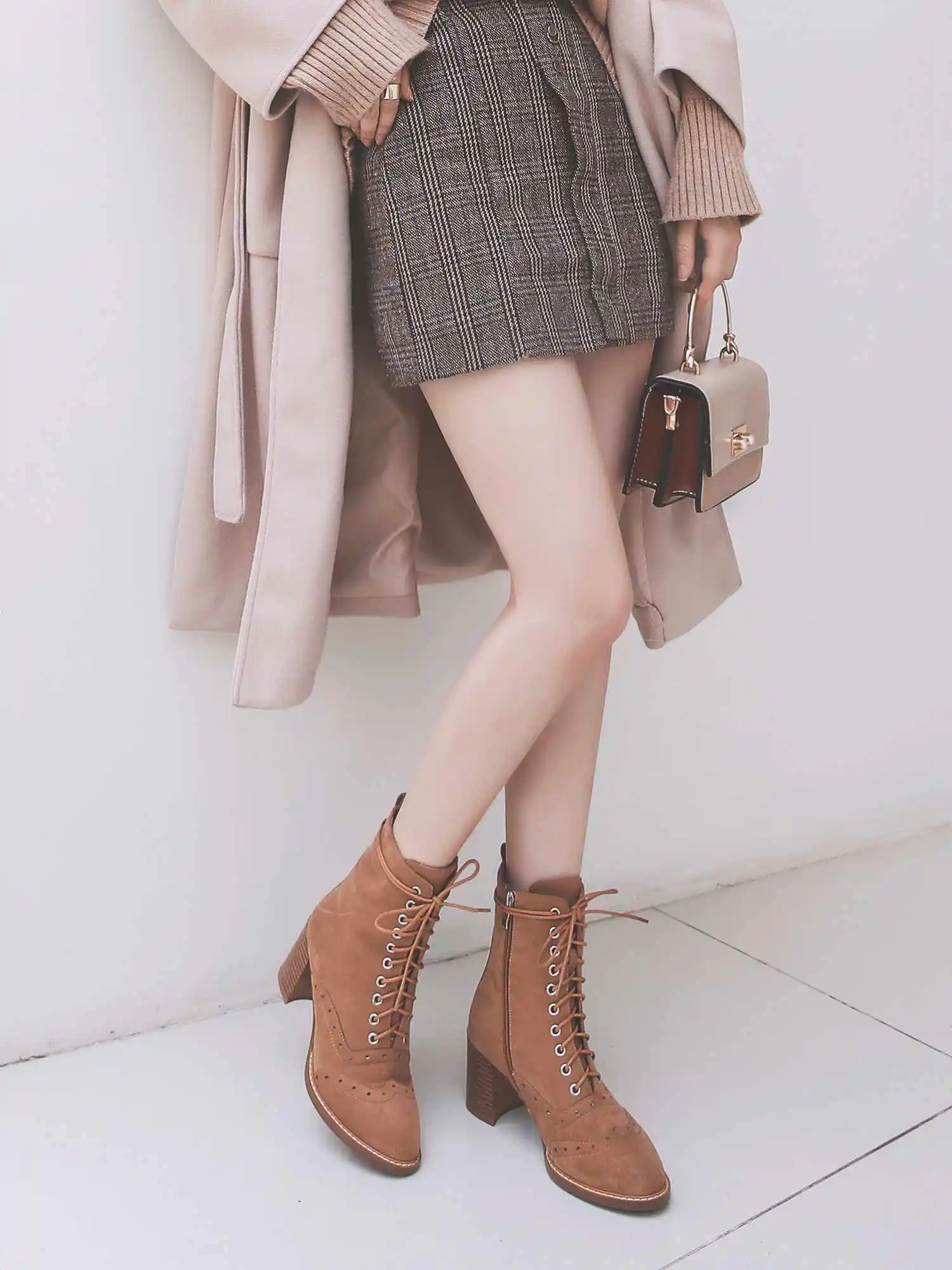 krazing pot flock material lace up thick high heels wedding breathable prepp style European career design ankle boots l18