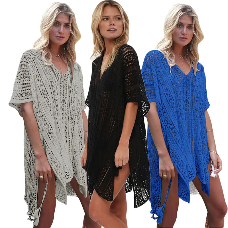 

Knitted Tassel Tie Kimono Beachwear Women Bikini Cover Up