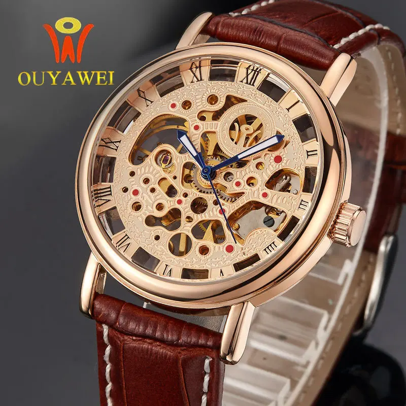 

Europe-asia wei ouyawei Manual Winding Hollow out Electroplated Thin Genuine Leather Waterproof Men's Analog Watch