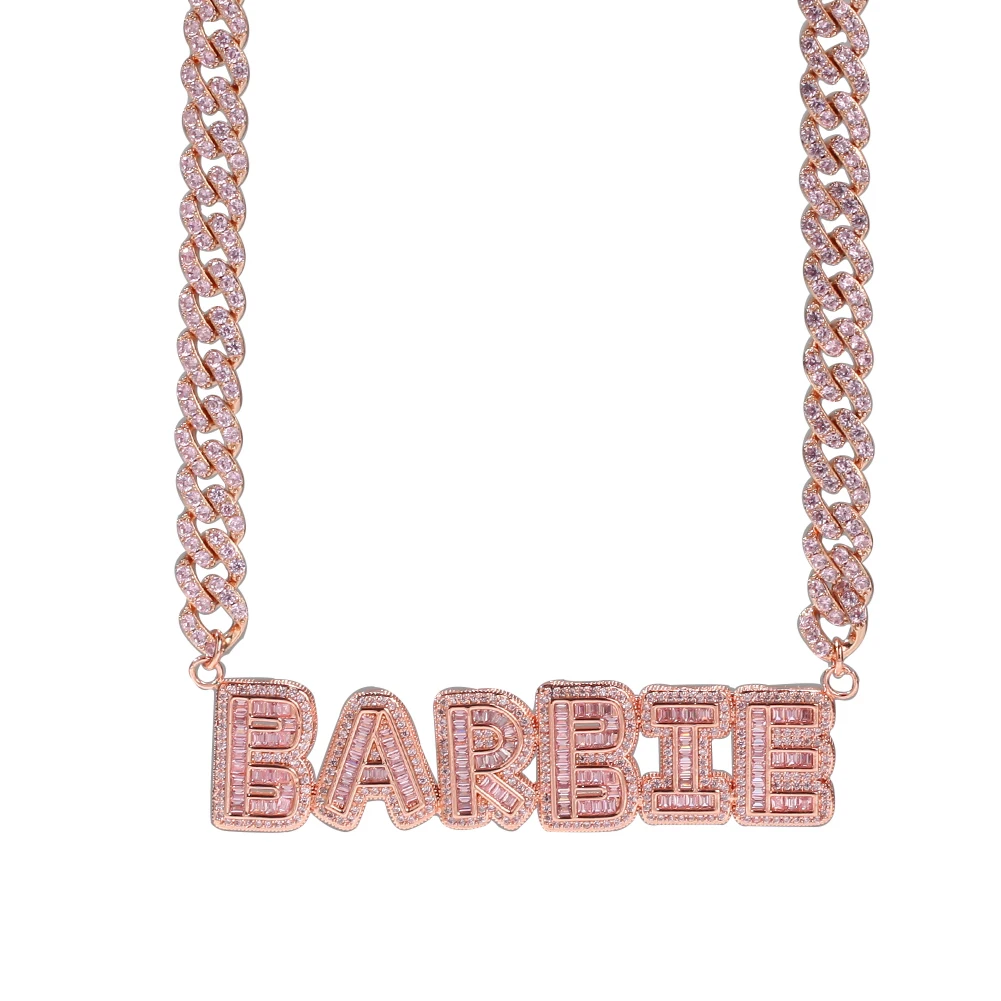 TBTK DIY Small Baguettecz Letter Pendant Necklace  With 9MM Cuban Chain Necklaces Zirconia For Women And Men Jewelry