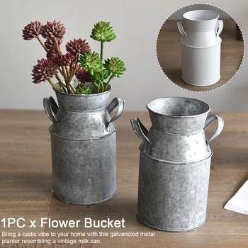 

Holder Galvanized Finish Flower Bucket Craft Desktop Living Room Ornaments Country Rustic Garden Balcony Metal Vase Milk Can