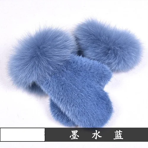 Blue Женские перчатки из натурального меха норки настоящие манжеты из лисьего меха вязаные митенки полный палец ручной работы зимние теплые пушистые мягкие - Цвет: Blue