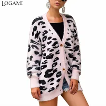 LOGAMI длинный леопардовый кардиган женский мохер вязаный однобортный свитер осень зима теплое пальто Laides винтажный кардиган