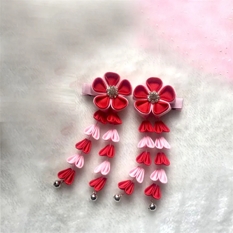 Pink and Red Канзаши цветок Мару-цумами заколки для волос Глициния кисточка для детей шичи-го-сан Гейша заколки Сакура кимоно украшения HW052 - Цвет: Pink and Red