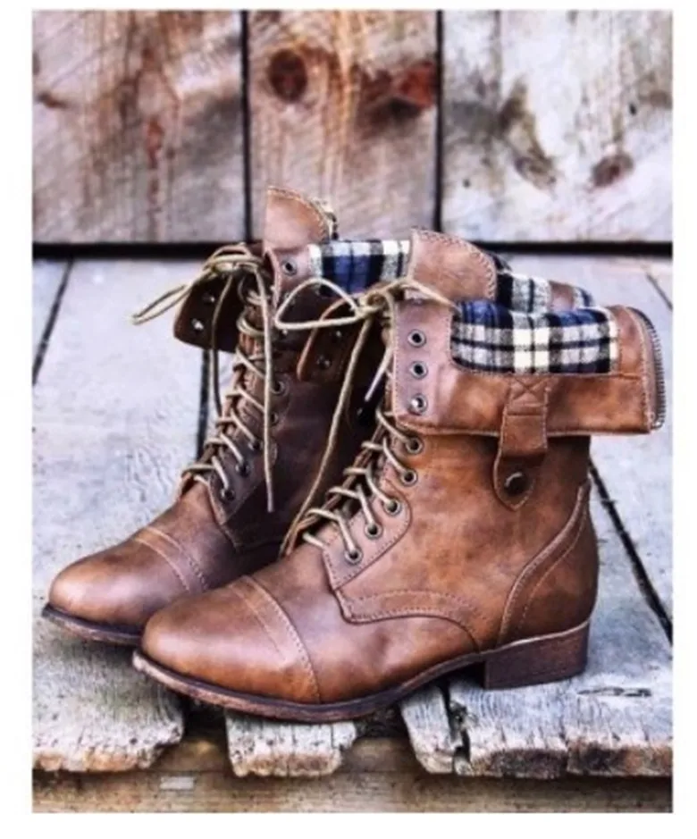

Perennial Goods Autumn And Winter New Style England Middle Boots Square Heel Lace-up 43 Yards Biker Boots