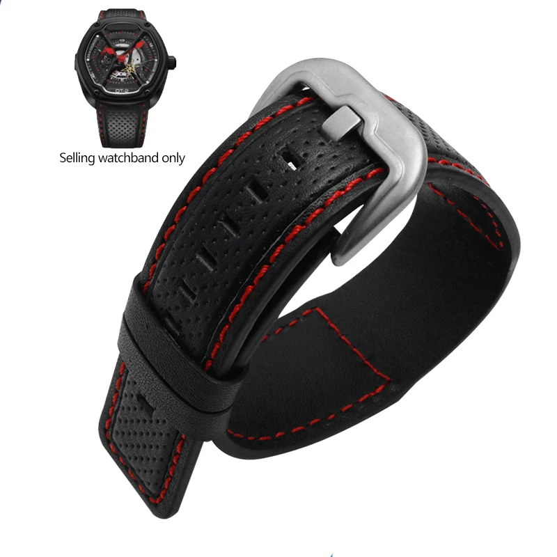 thumbnail image 1 of Pulsera de cuero genuino de 24 mm OTC-AO1 OT-3 para reloj Dietrich Suunto con patrón largo y costuras rojas y verdes, 1 of 5