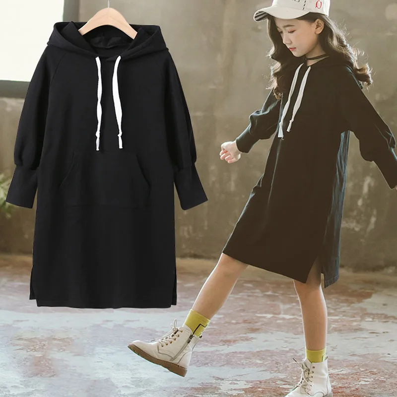 New Spring Sweatshirts Dresses Girls Clothing Children Cotton Solid Pockets Patchwork Hoodies Dress Toddler Girl Clothes