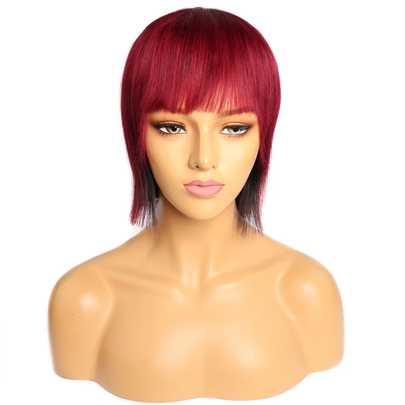 

99J Bob wig with bangs Human hair Short Burgundy Bob Wig 150% Brazilian Straight Full Machine Wigs With bangs Remy hair