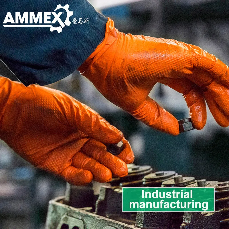 AMMEX Thicken Glove Nitrile Work Gloves Orange 100pcs Disposable Non-slip Protective Wear-Resistant Safety Mechanical Boxed