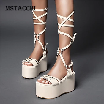 

MStacchi 2020 Fashion Summer New Women Platform Shoes Punk Rock Rivet Open Toe Cross Tied Female Sandals Party Sexy Ladies Shoes