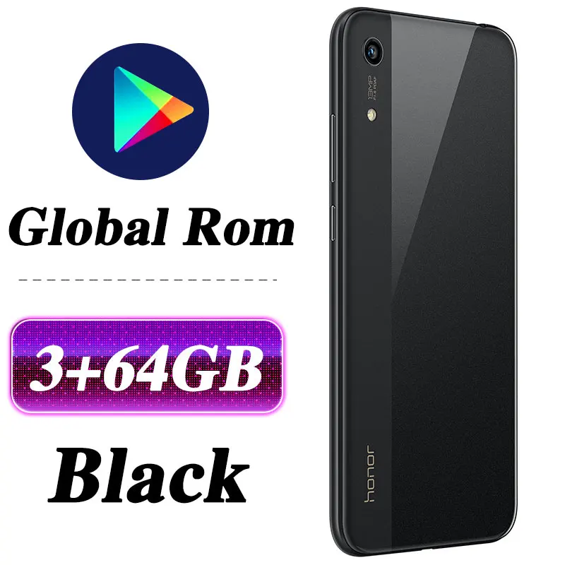 3G 64G Black Мобильный телефон HONOR 8A с глобальной прошивкой, 6,09 дюймов, 3 ГБ, 32 ГБ, Восьмиядерный процессор MTK6765, Android 9,0, 3020 мАч, разблокировка лица, 1560x720 - Цвет: 3G 64G Black