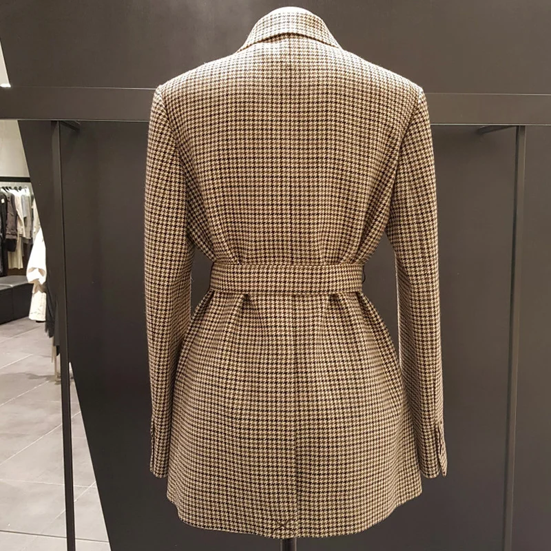 Vintage Double Breasted Office Ladies Plaid Blazer with belt Long Sleeve  Houndstooth Suit Coat Jacket Women blazers Female