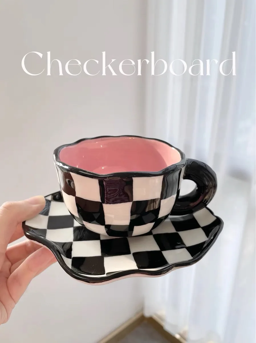 Black White Checkerboard Lattice Mug Ceramic Cup Ins Style Coffee Dish Creative New Water Plate Drinking Set | Дом и сад