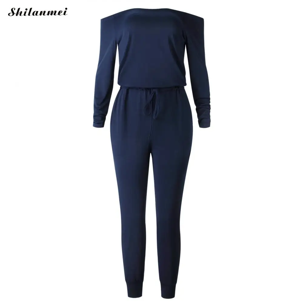 purplish blue Высокие уличные женские комбинезоны с открытыми плечами, Осенние сексуальные длинные Комбинезоны, элегантный женский модный комбинезон со шнуровкой, офисные комбинезоны - Цвет: purplish blue