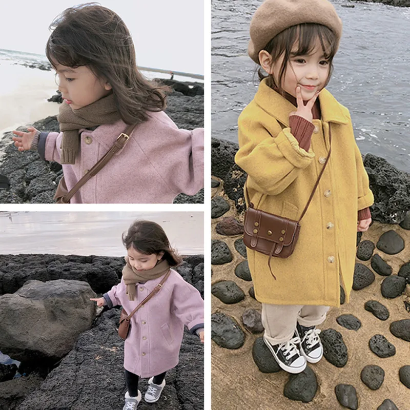 Для девочек, шерстяная куртка Корейская стеганая хлопковая Детские зимние штаны длинное пальто одежда для малышей теплый жакет Однотонная одежда для детей, утепленная детская одежда, верхняя одежда