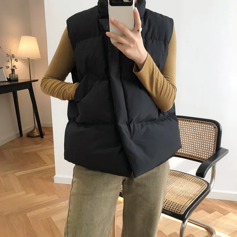HLHPYHB Autumn Winter Woman Bread Design Cotton Vest Coat Female Base Parka Vest Tops Femal Warm Stand Collar Outwear Waistcoat