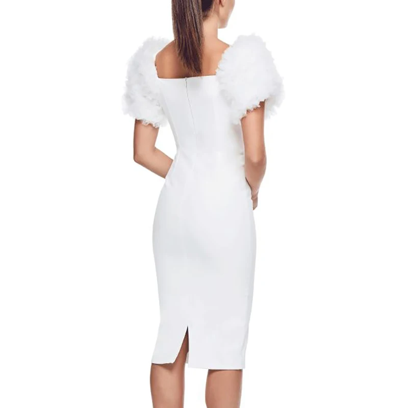 INDRESSME Новое модное офисное женское платье Vestidos с квадратным воротником, складное Сетчатое Пышное Платье с коротким рукавом и повязкой по колено
