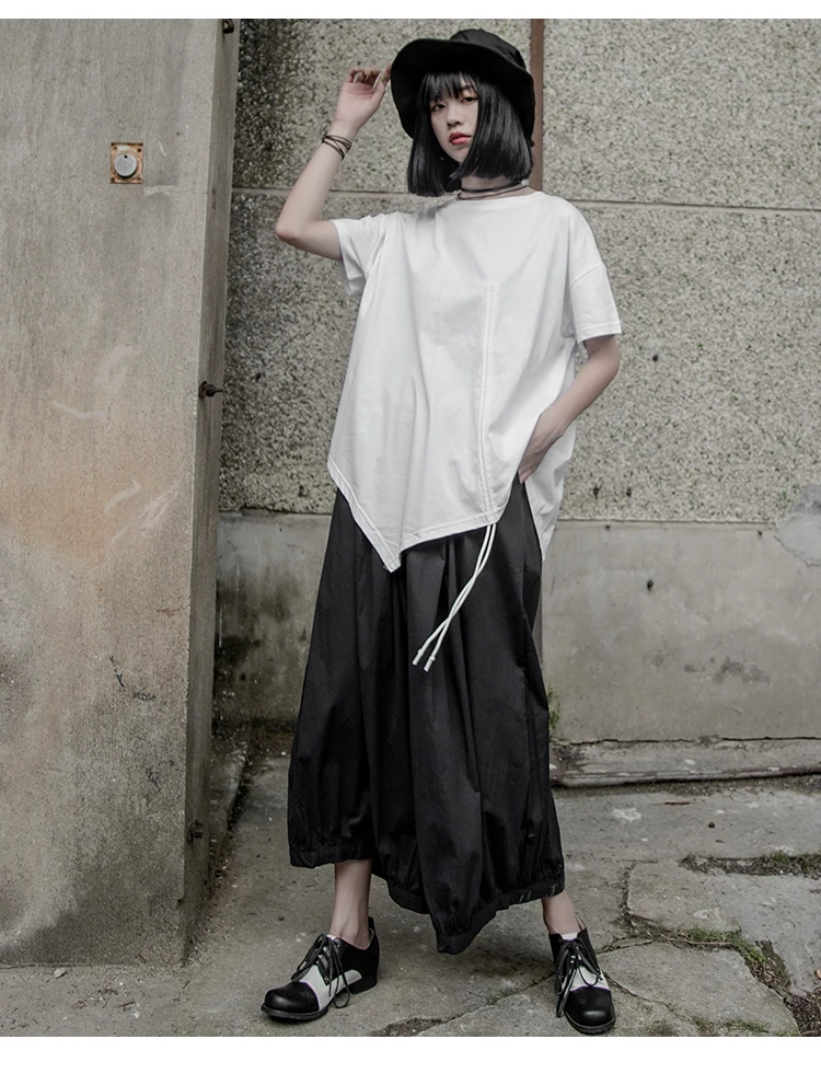 [DEAT] New Autumn Winter Round Neck Short Sleeve White Irregular Hem Drawstring Big Size T-shirt Women Fashion Tide JX10